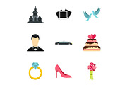 Marriage icons set, flat style