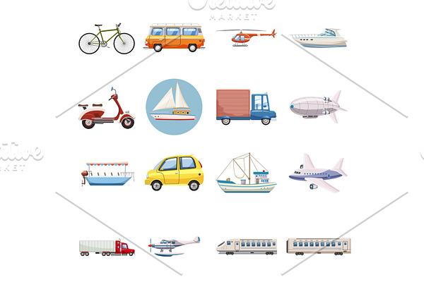 Transportation icons set, cartoon