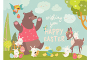Cute bear,happy rabbits and little