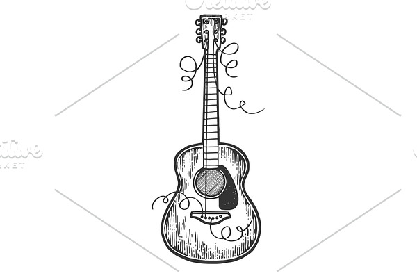 Guitar torn strings engraving vector
