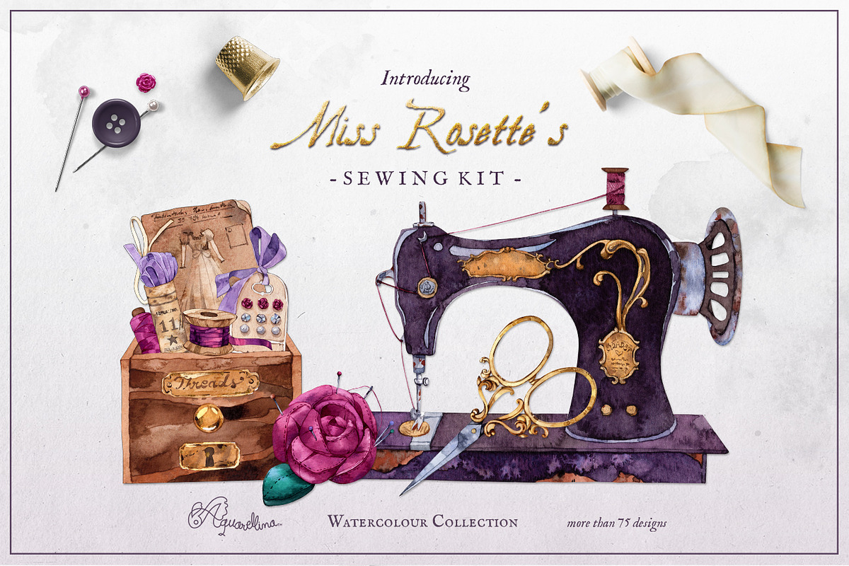 Miss Rosette's Sewing Kit Clipart in Illustrations - product preview 8