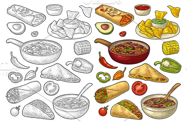 Mexican food set engraving