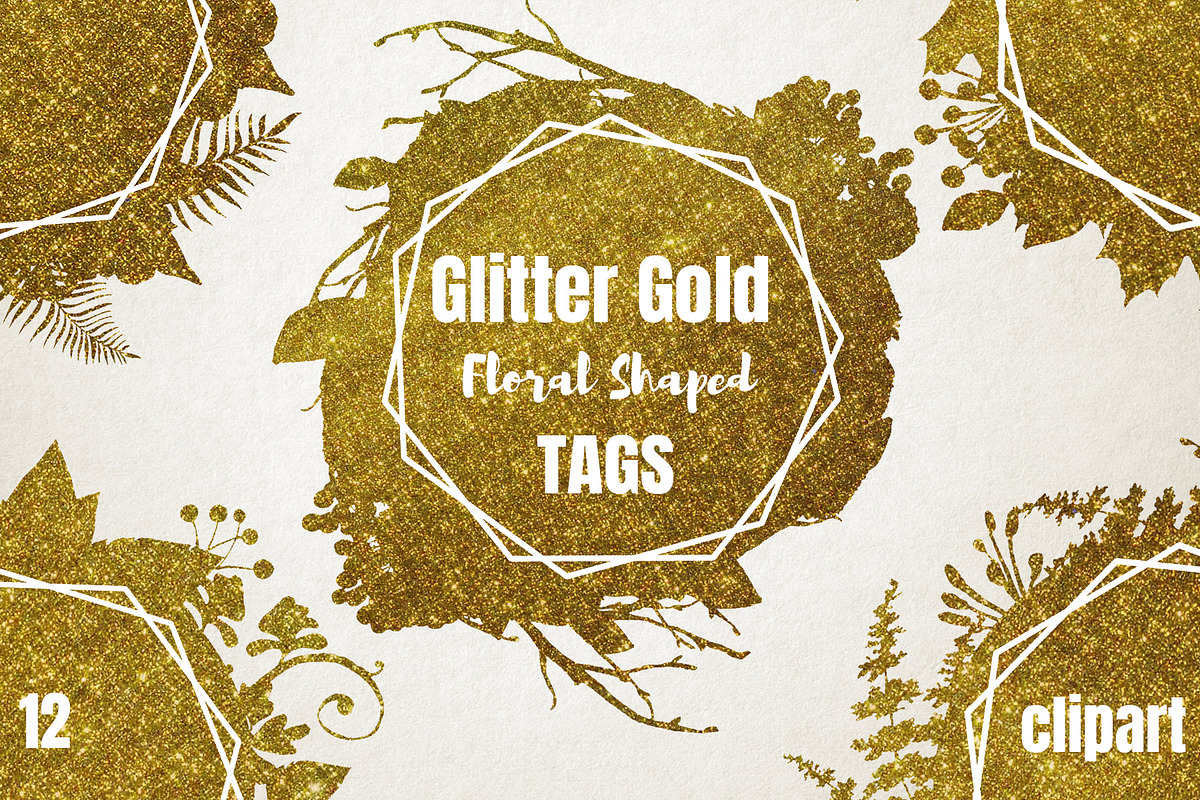 Glitter Gold Floral Shapes Tags  in Objects - product preview 8