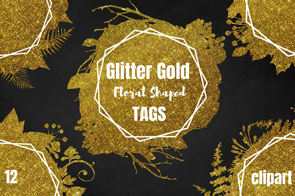 Glitter Gold Floral Shapes Tags  in Objects - product preview 1