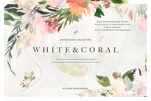 Watercolor White & Coral Flowers