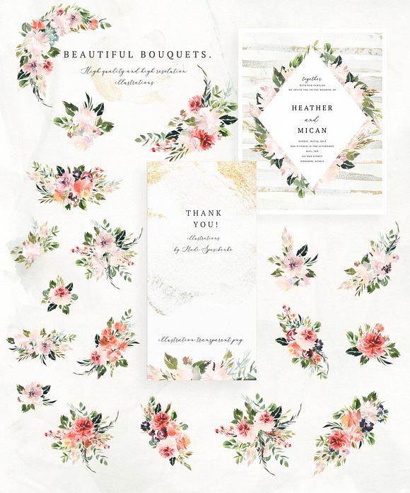 Watercolor White & Coral Flowers in Illustrations - product preview 2