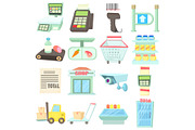 Supermarket items icons set, cartoon