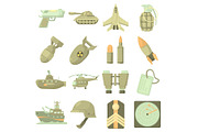 Military icons set, cartoon style