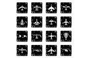 Air transport icons set, grunge