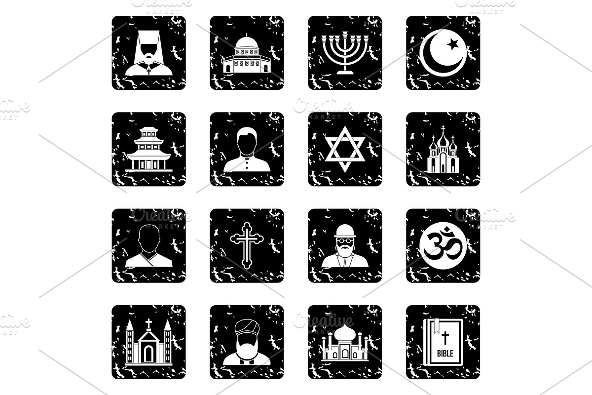 Religion icons set, grunge style in Illustrations - product preview 8
