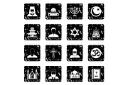 Religion icons set, grunge style