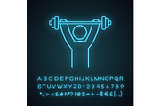 Man training with barbell neon icon