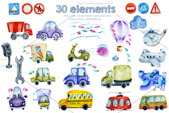 Cars. Watercolor clip art. in Illustrations - product preview 1