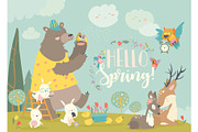 Cute animals meeting spring in the