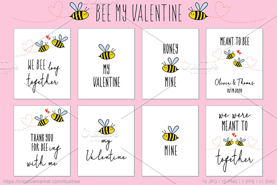 Bee my Valentine, 8 vector cards