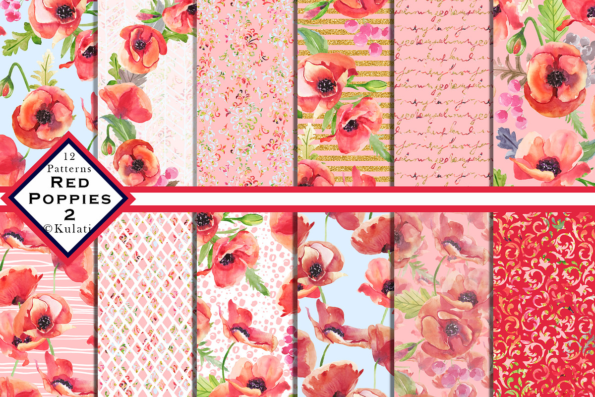 Red Poppy Watercolor Patterns in Patterns - product preview 8