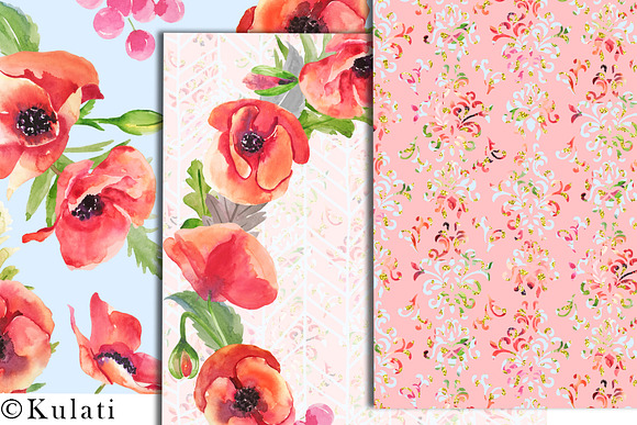 Red Poppy Watercolor Patterns in Patterns - product preview 1