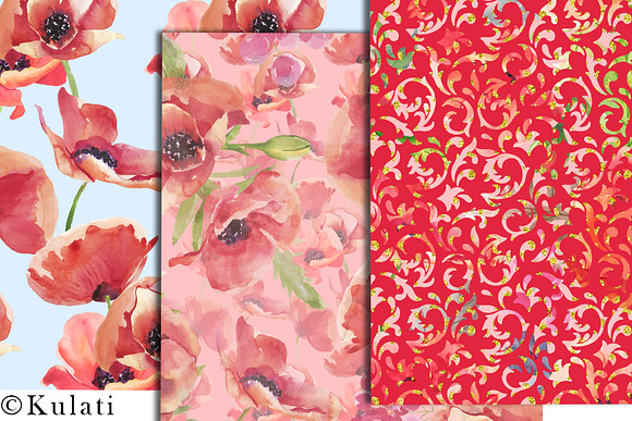 Red Poppy Watercolor Patterns in Patterns - product preview 4