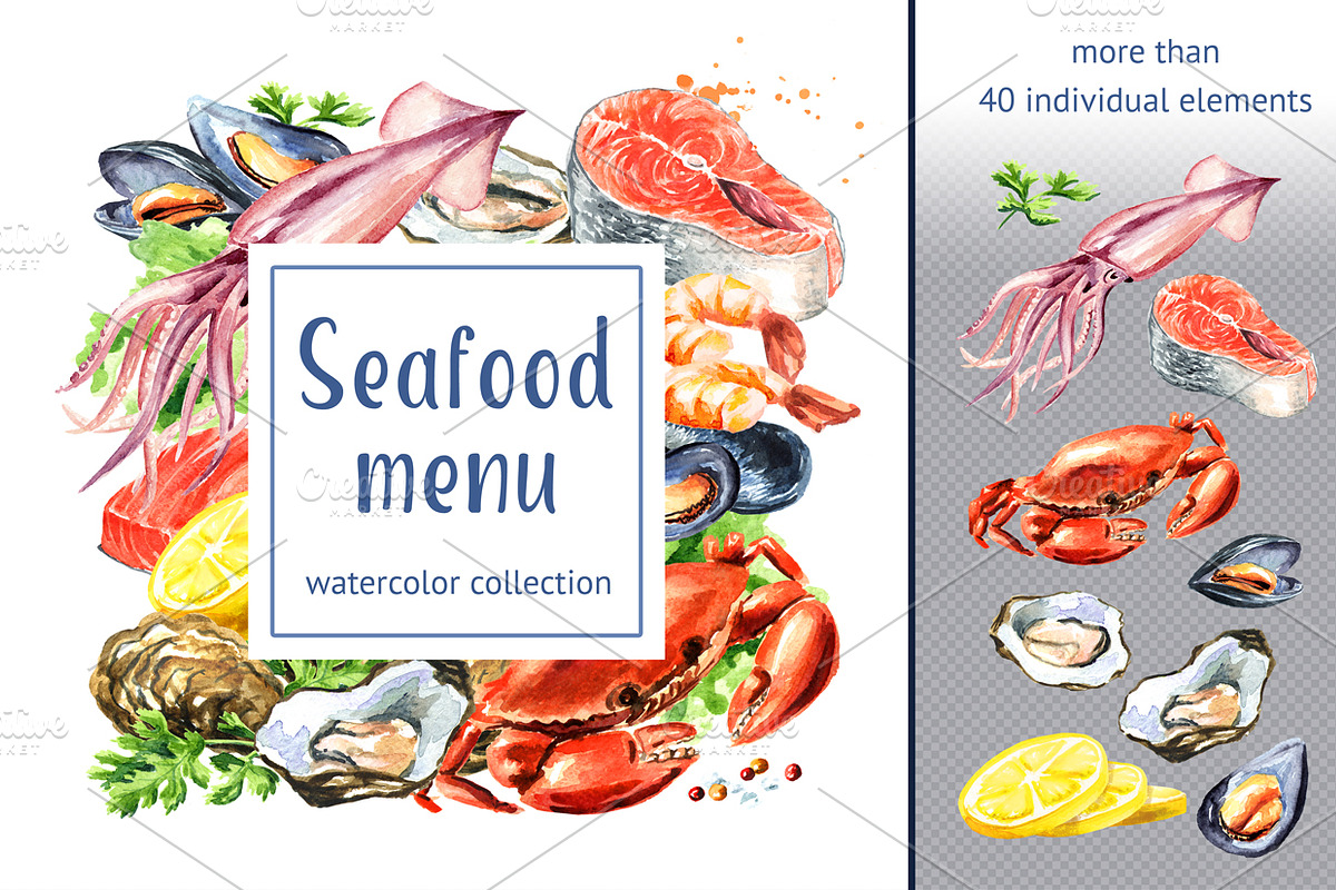 Seafood menu. Watercolor collection in Illustrations - product preview 8