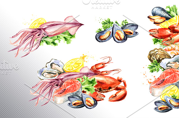 Seafood menu. Watercolor collection in Illustrations - product preview 2