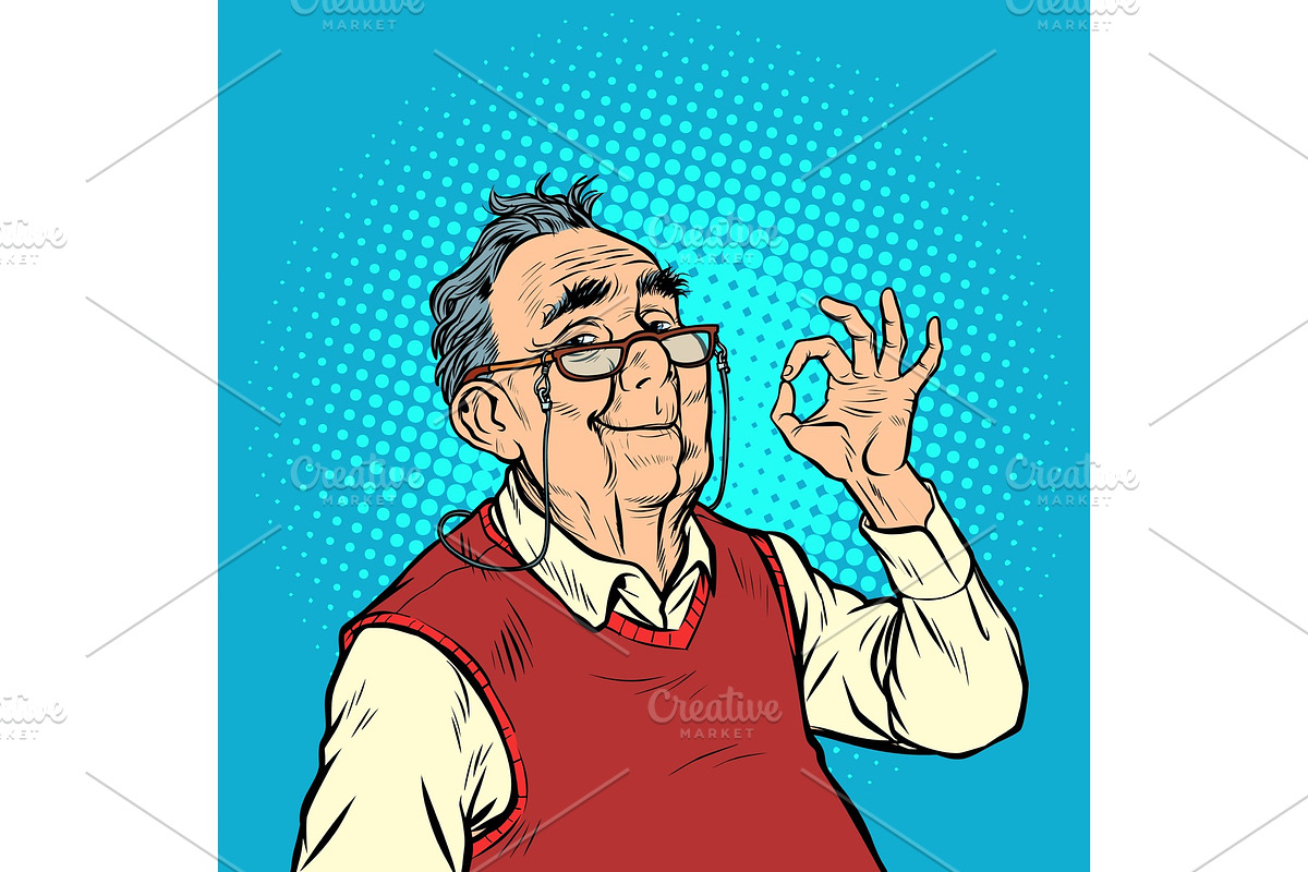smile elderly man with glasses okay in Illustrations - product preview 8