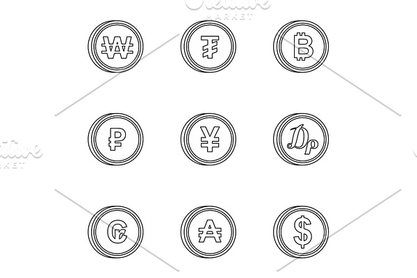 Types of money icons set, outline