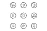 Types of money icons set, outline