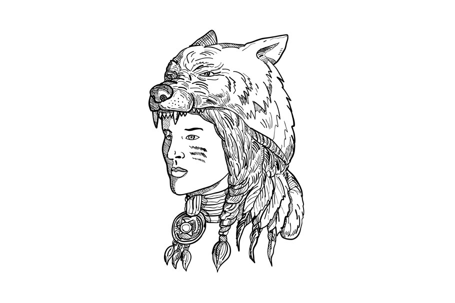 Native American Woman Wearing Wolf H