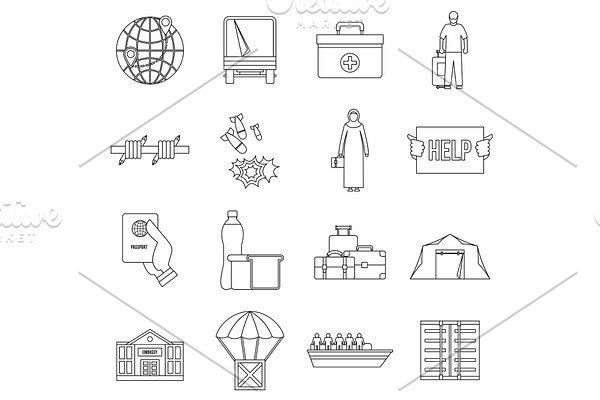 Refugees problem icons set, outline