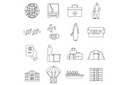 Refugees problem icons set, outline