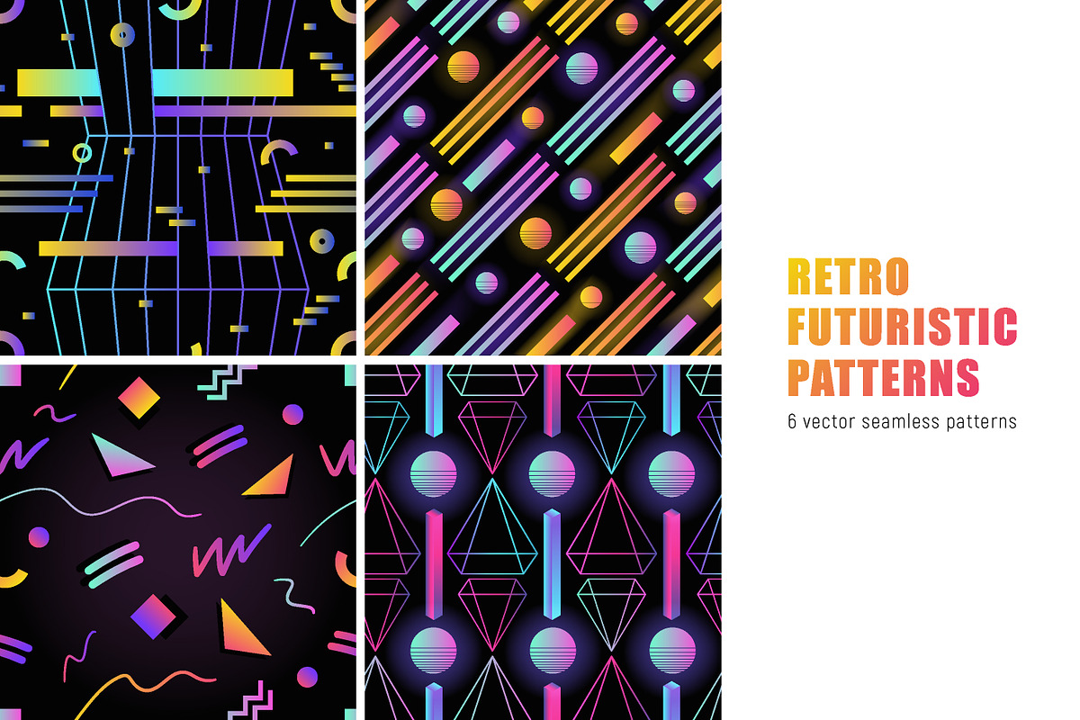 Retro futuristic seamless patterns in Patterns - product preview 8