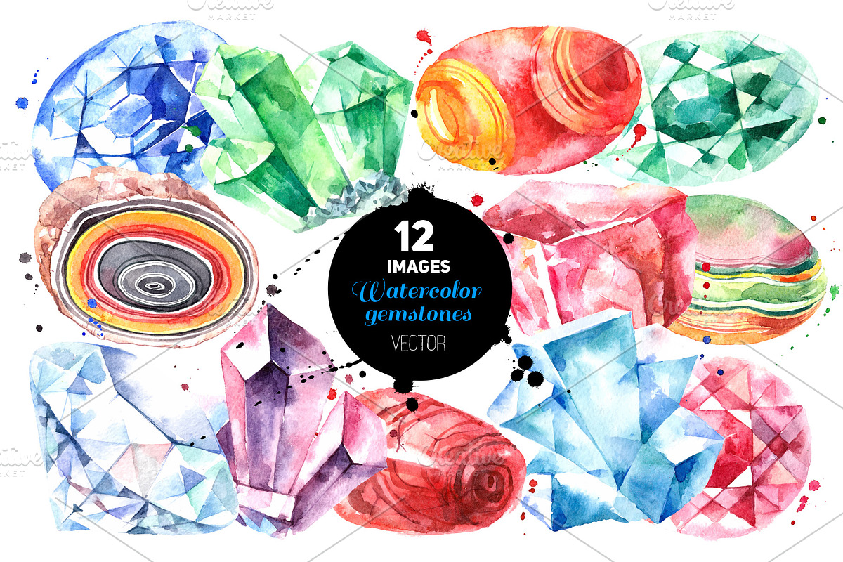 Watercolor Gemstones Vector Set in Illustrations - product preview 8