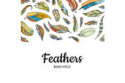 Vector boho doodle color feathers