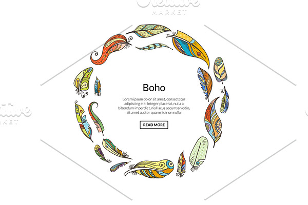 Vector boho doodle feathers in