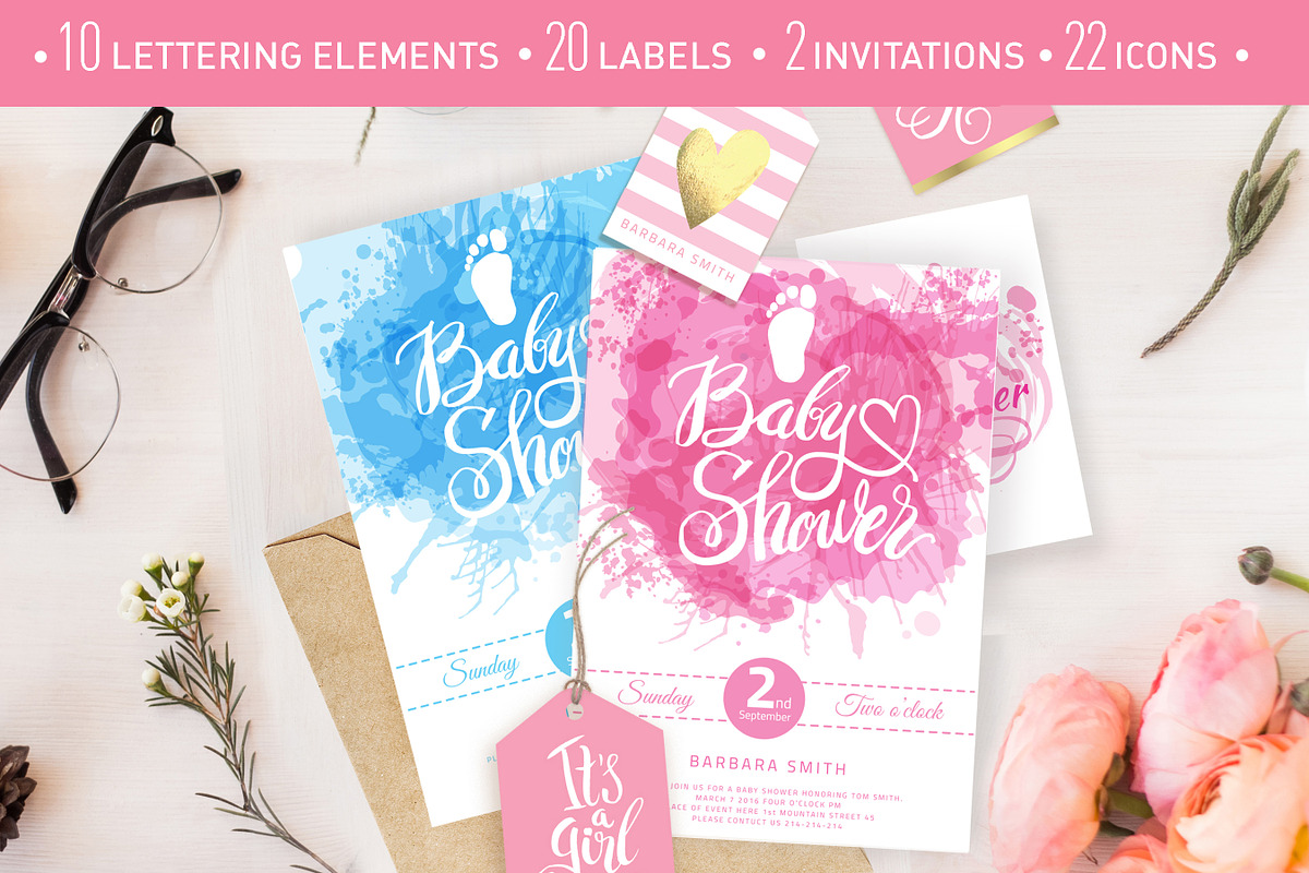 Baby Shower lettering & icons set in Objects - product preview 8