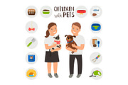 Children boy and girl with pets cat