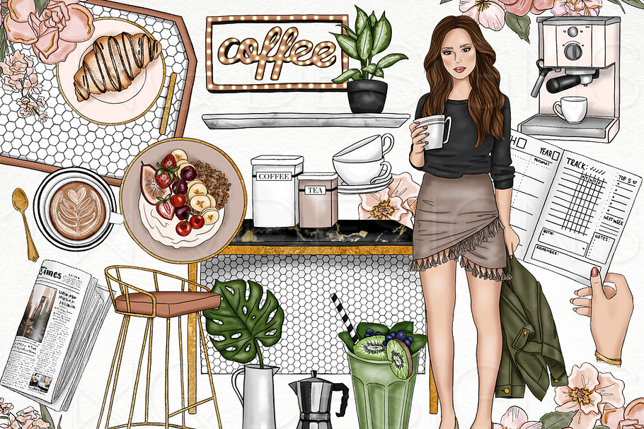 Coffee Brunch Fashion Girl Clip Art in Illustrations - product preview 8
