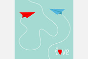 Red blue origami paper planes. Love