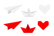 Origami paper plane, boat, heart set