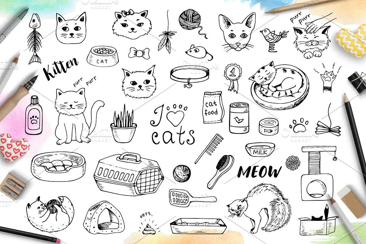 Doodle Cats and Pet Accessories in Illustrations - product preview 8