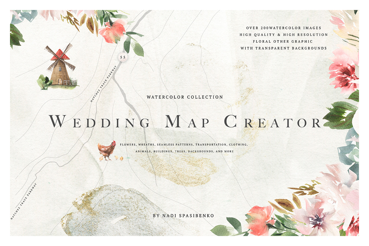 Watercolor Wedding Map Creator in Illustrations - product preview 8
