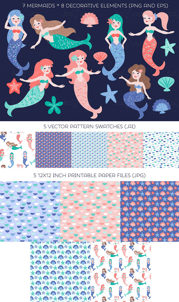 Pretty Mermaids Clip Art Set in Graphics - product preview 1