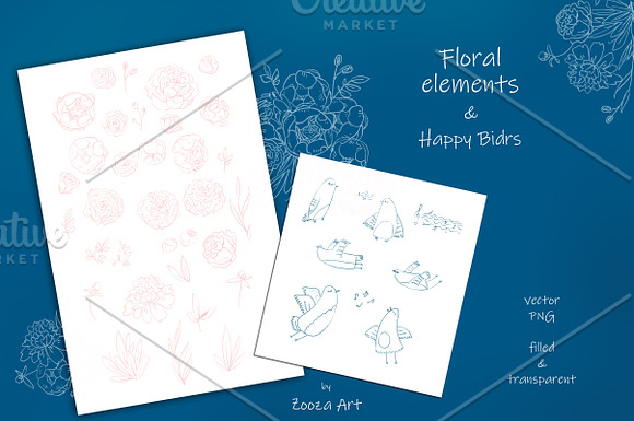 Wedding set: Peonies & Happy Birds in Illustrations - product preview 6