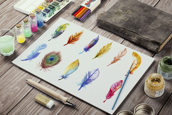 11 High Res Watercolor Feathers in Illustrations - product preview 1