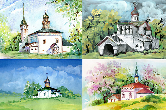 Watercolor summer landscape — Houses in Illustrations - product preview 2