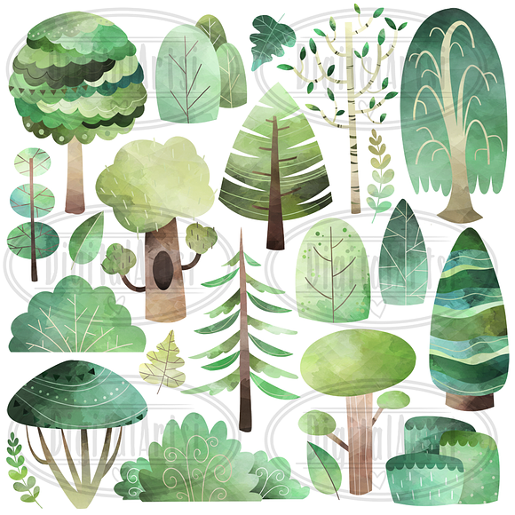 Watercolor Trees Clipart in Illustrations - product preview 1
