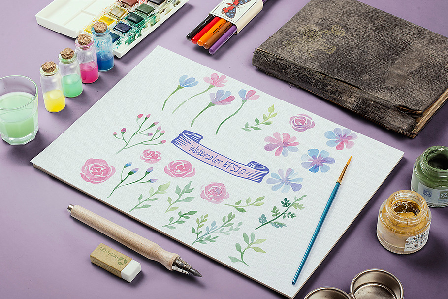 Watercolor vector floral Elements in Objects - product preview 8