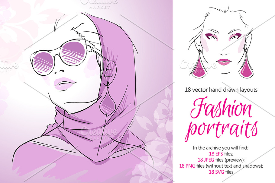 Fashion Portraits Sketch Set in Illustrations - product preview 8