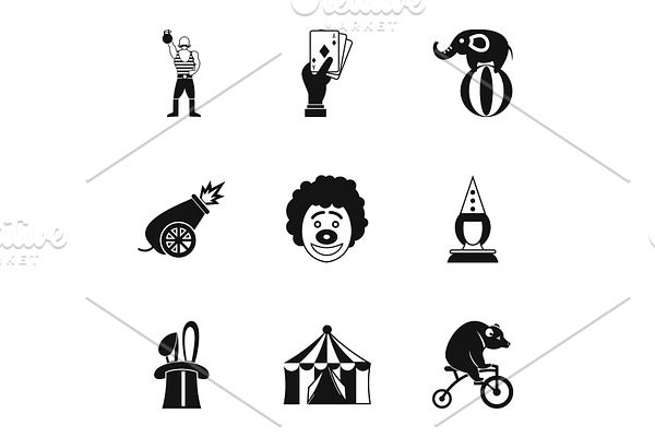 Concert in circus icons set, simple