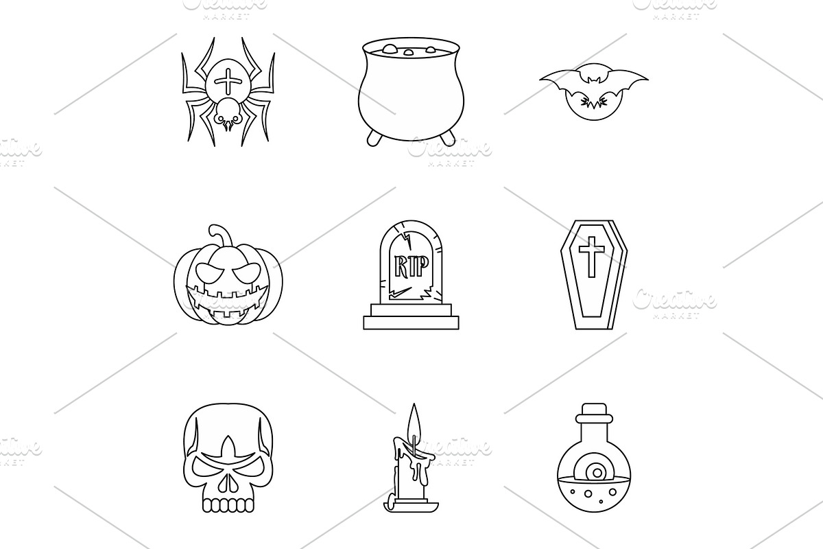 Halloween holiday icons set, outline in Objects - product preview 8